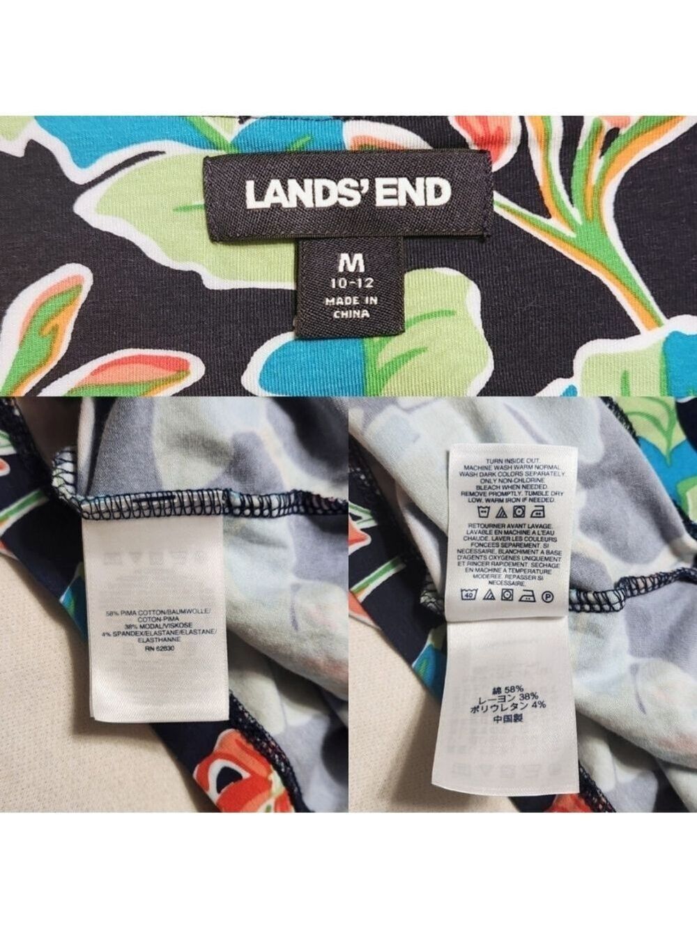 Lands End Green Black Floral Wrap A Line Dress Medium 10 12 - Picture 10 of 11